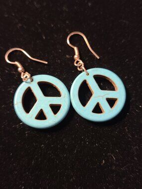 Turquoise Peace Sign Dangle Earrings Hook Closure Hippie Bohemian Gypsy
